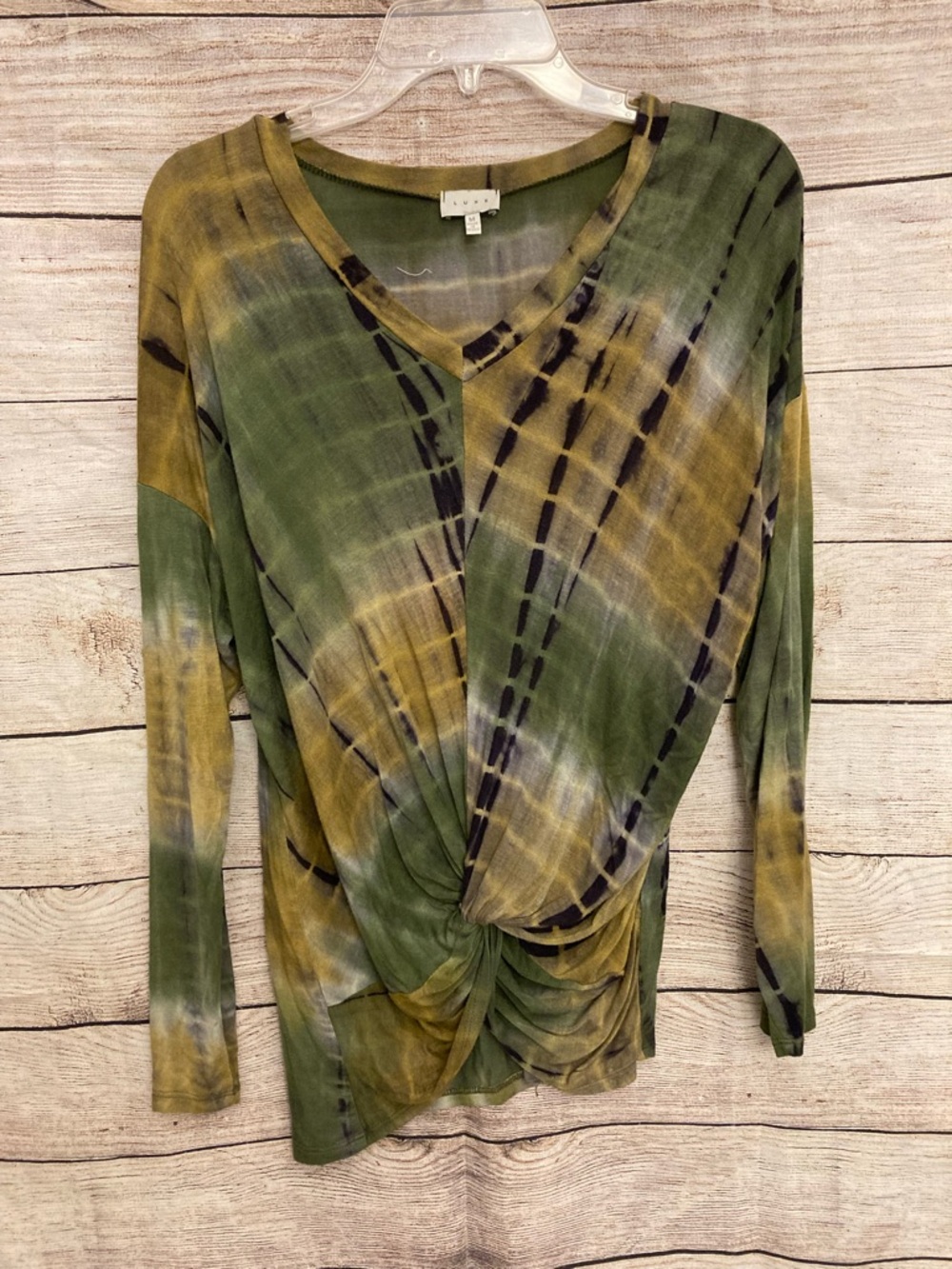 Luxe Women's Olive & Mustard Tie-Dye V-Neck Twist Front Top